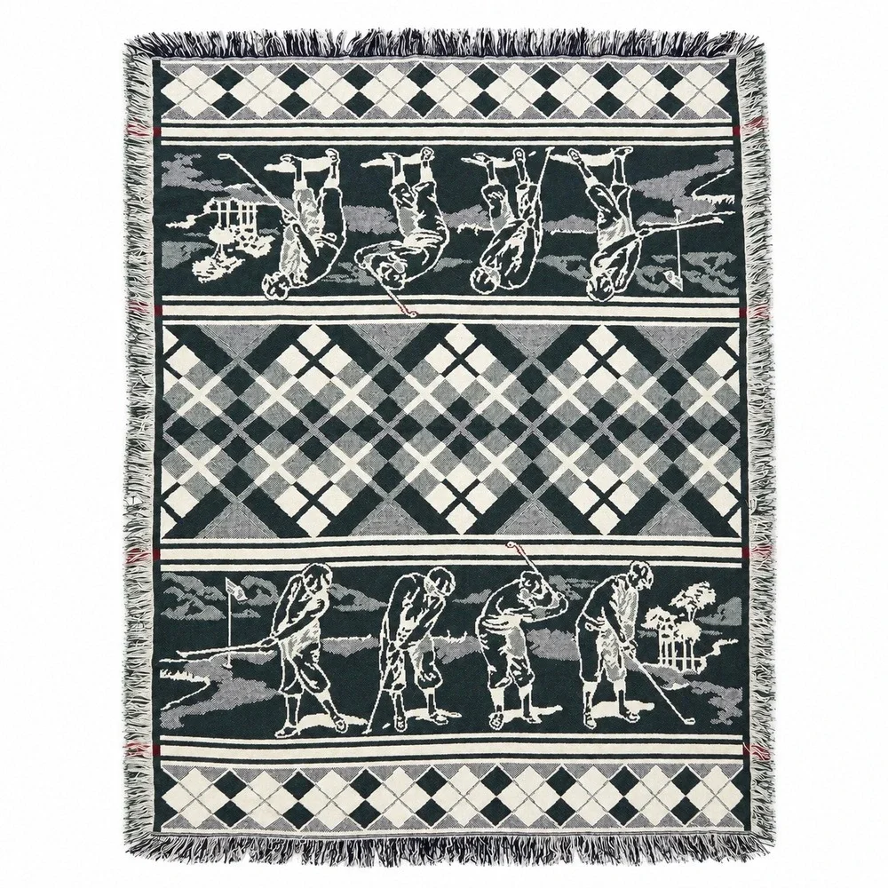 Vintage Golf Tapestry Throw Blanket Argyle Woven‎ Fringe Excellent Country Club